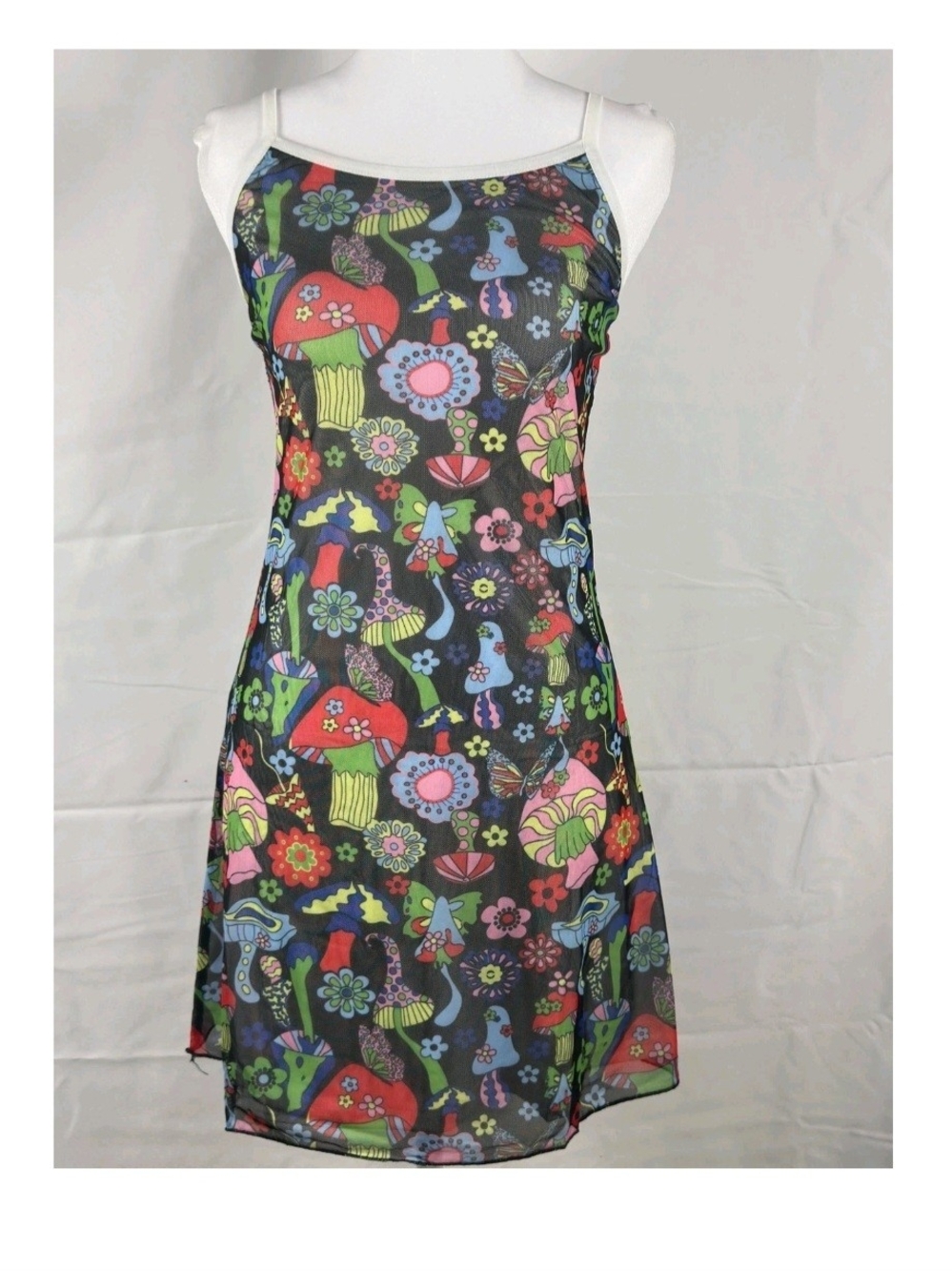WoWo Sheer Floral Mushroom Print Slip Dress in Black-Size Large
